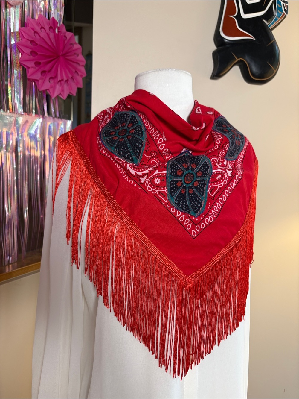 Hand Crafted Red Bandana Scarf with Fringe and Black Floral Medallions
